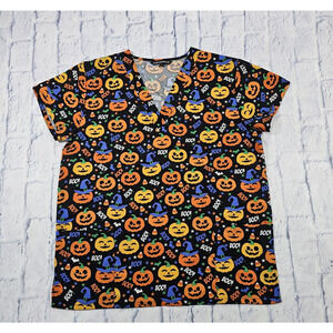 Cassandra O WOMENS L Scrub Top Halloween Jack O Lanterns Pumpkins Black Orange